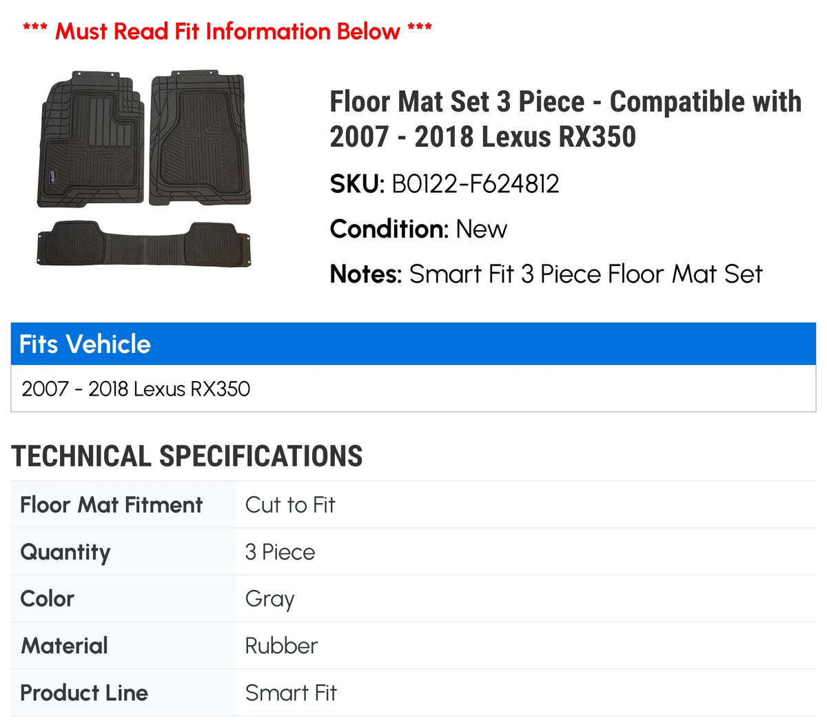 Floor Mat Set 3 Piece - Compatible with 2007 - 2018  2008 2009 2010 2011 2012 2013 2014 2015 2016 2017