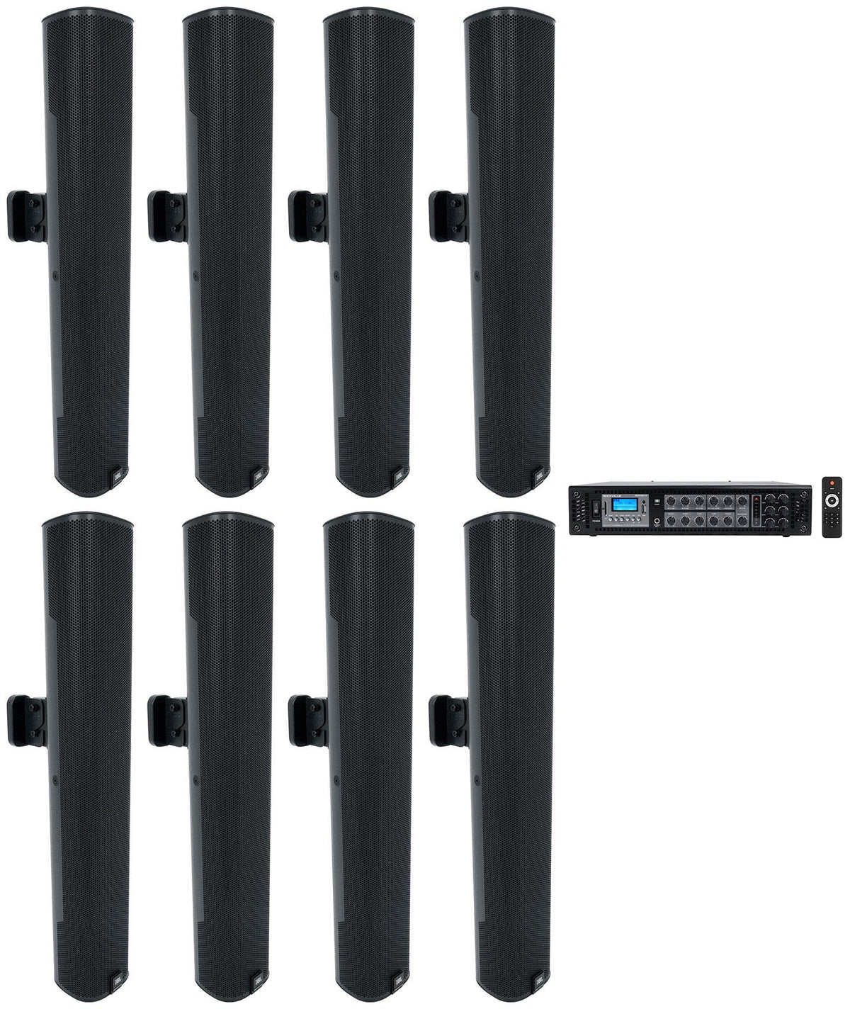 (8)  - 24" Black 70V Commercial Column Wall Mount Array Speakers+Amp