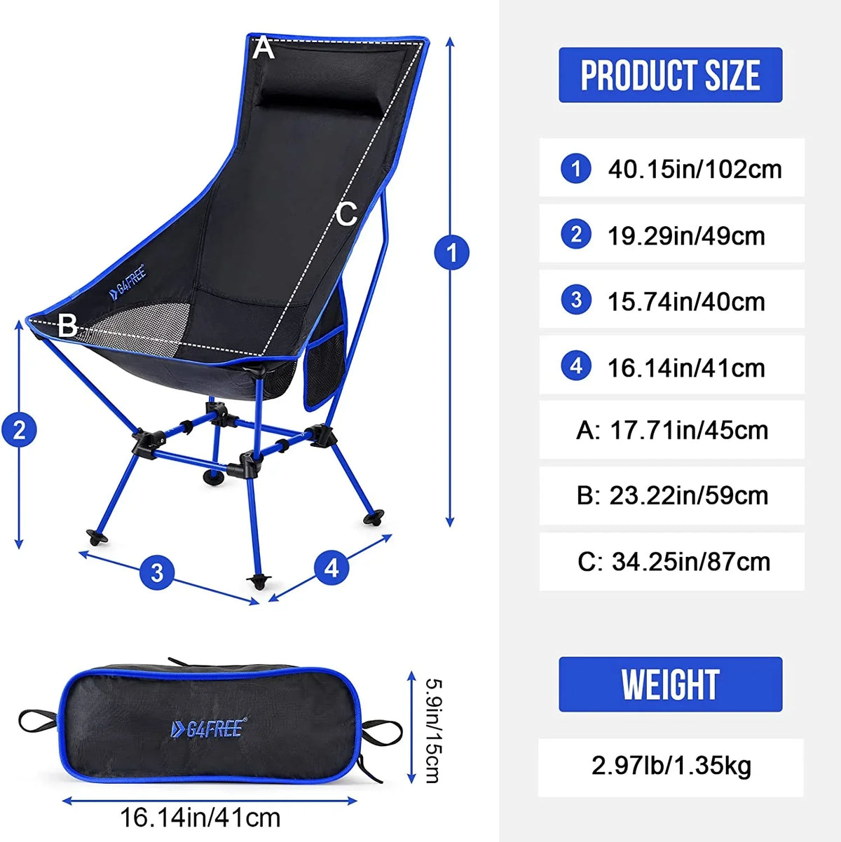 2Pack Lightweight Portable High Back Camp Chair, Folding Chair Lawn Chair Heavy Duty 330lbs with Headrest & Pocket for Outdoor Camp Travel Beach Travel Hiking