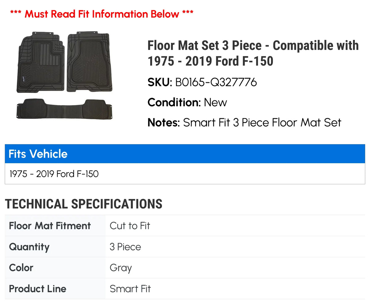 Floor Mat Set 3 Piece - Compatible with 1984 - 1990 Ford Bronco  1985 1986 1987 1988 1989