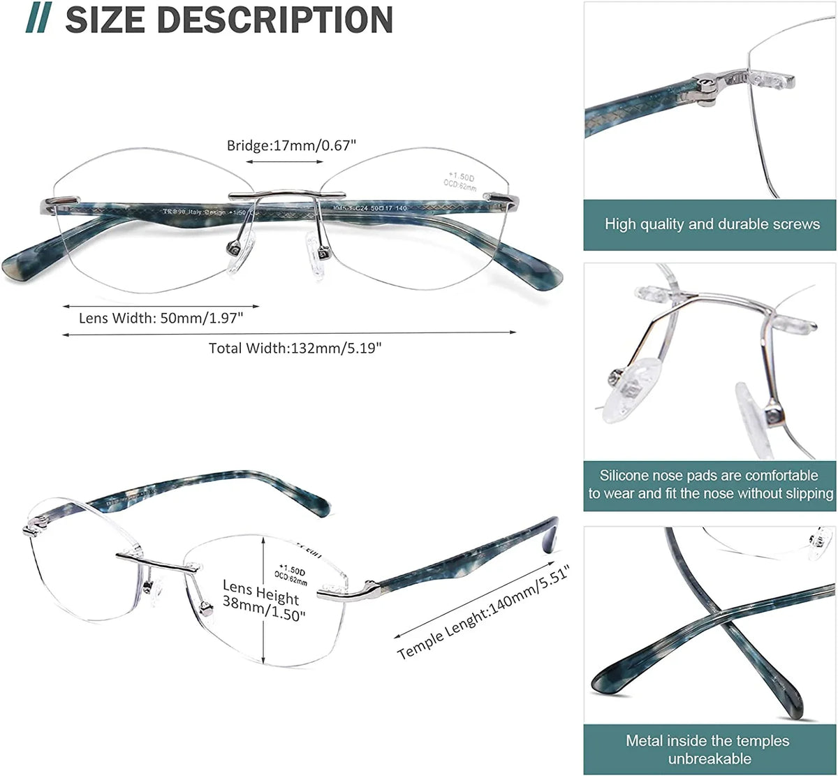 Rimless Computer Reading Glasses Blue Light Blocking Women Readers  Protect Clear Lens Ladies Fashion Designer Frame, 2.5