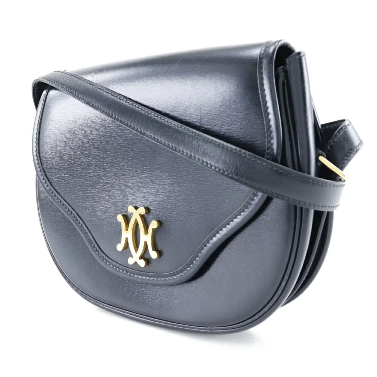 Pre-Owned Hermes  Double  Shoulder Bag Vintage Calf Made in France 1983 Black/Gold Hardware 〇M Crossbody Snap Button Ladies (Fair)