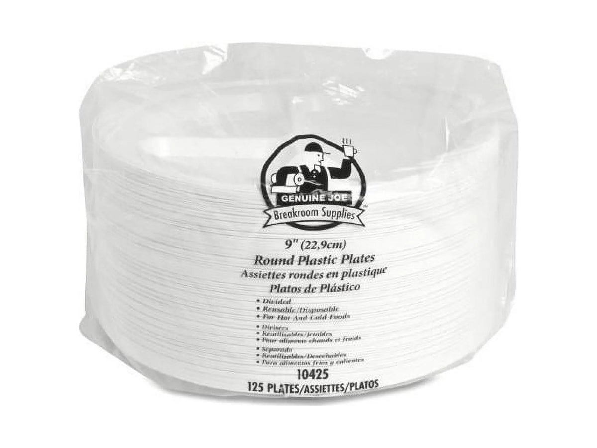 Genuine Joe 3-section Round Plastic Plates, 9", 125 Pack,