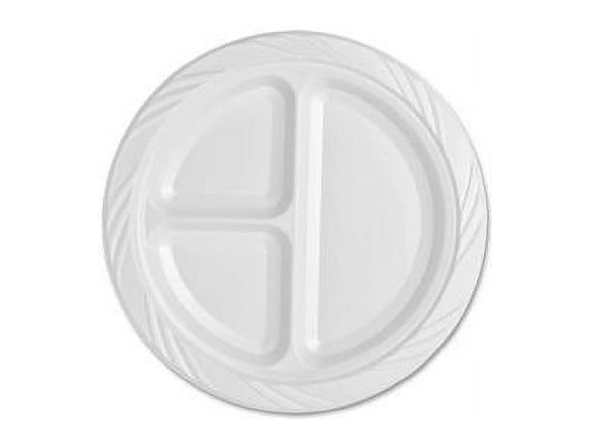 Genuine Joe 3-section Round Plastic Plates, 9", 125 Pack,