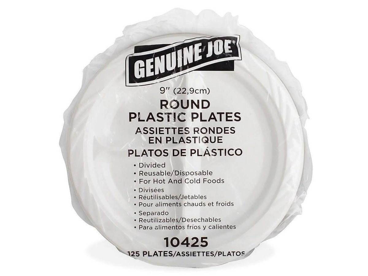 Genuine Joe 3-section Round Plastic Plates, 9", 125 Pack,
