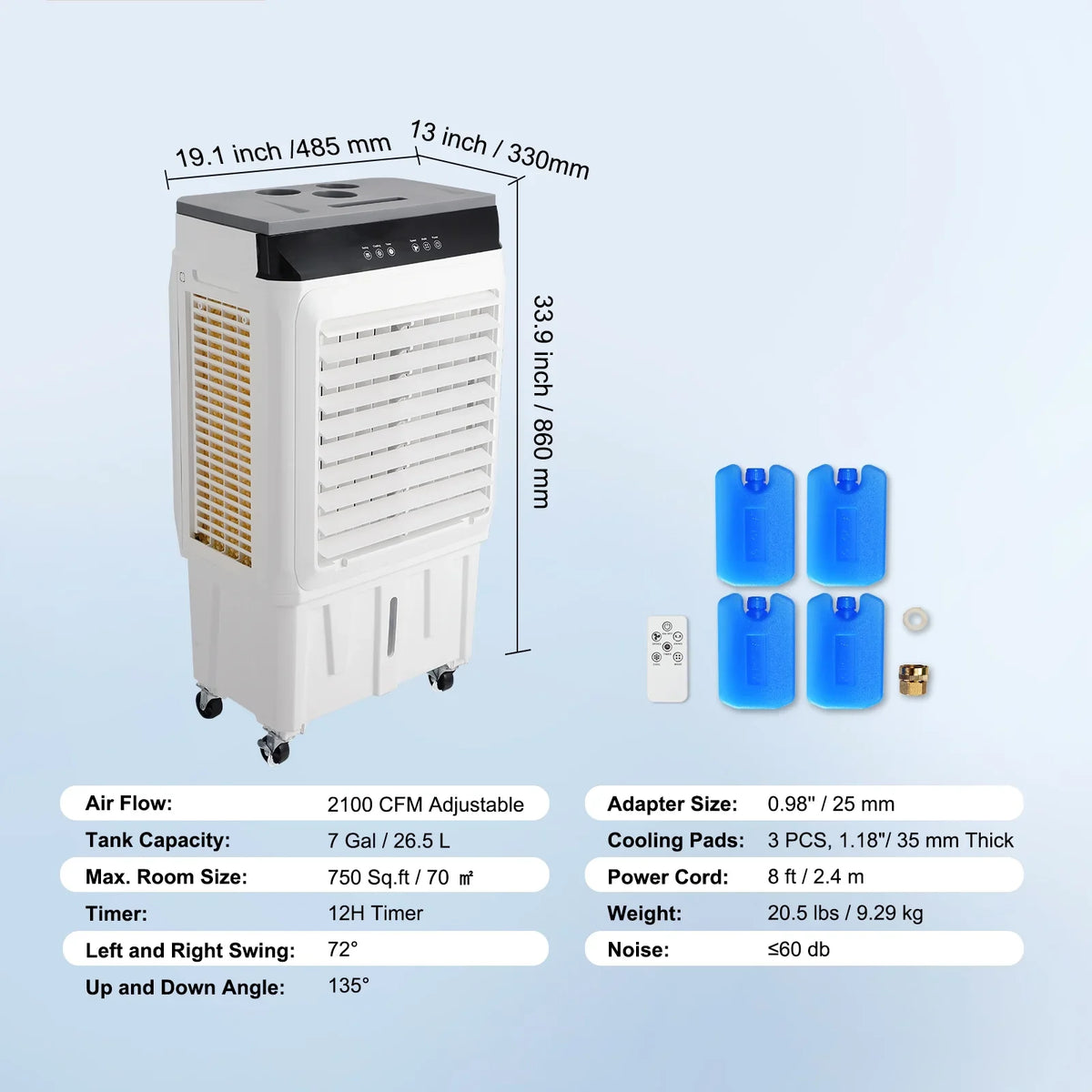 Evaporative Cooler Swamp Cooler 3-in-1 2100  7 Gal 12h Timer Air Humidifier