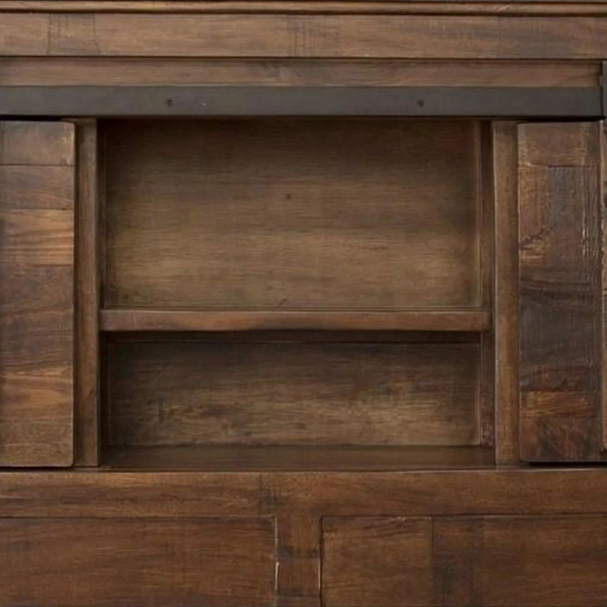 Benjara Maye King Size Bed, 2 Drawers, Fixed Shelves, Deep Rustic Brown Finish