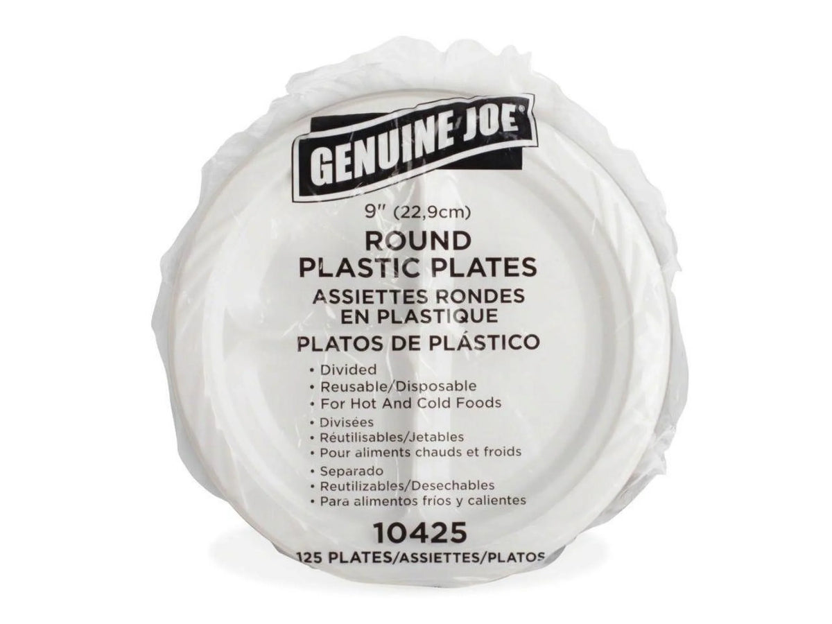 Genuine Joe 3-section Round Plastic Plates, 9", 125 Pack,